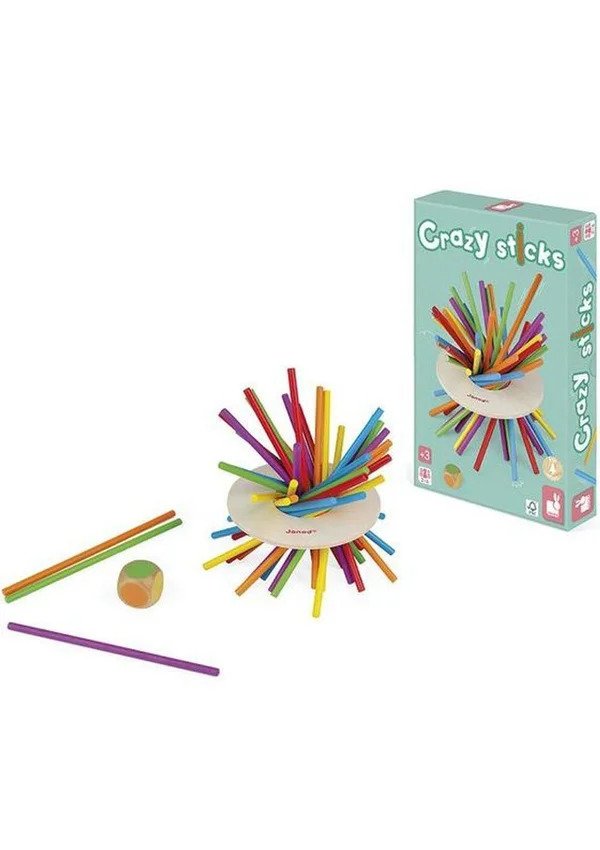 imagem com caixa do jogo pega vareta crazy sticks e brinquedo fora da caixa